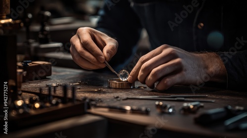 A jeweler focuses intently as they carefully set a gemstone into a ring, surrounded by various tools and materials in a well-lit workshop at dusk