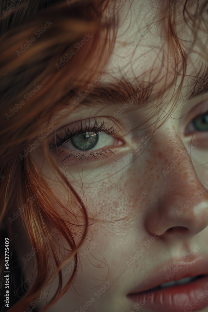 Close-up shot of a woman's face with noticeable freckles, suitable for use in beauty or lifestyle context Close-up shot of a woman's face with noticeable freckles, suitable for use in beauty or lifestyle context