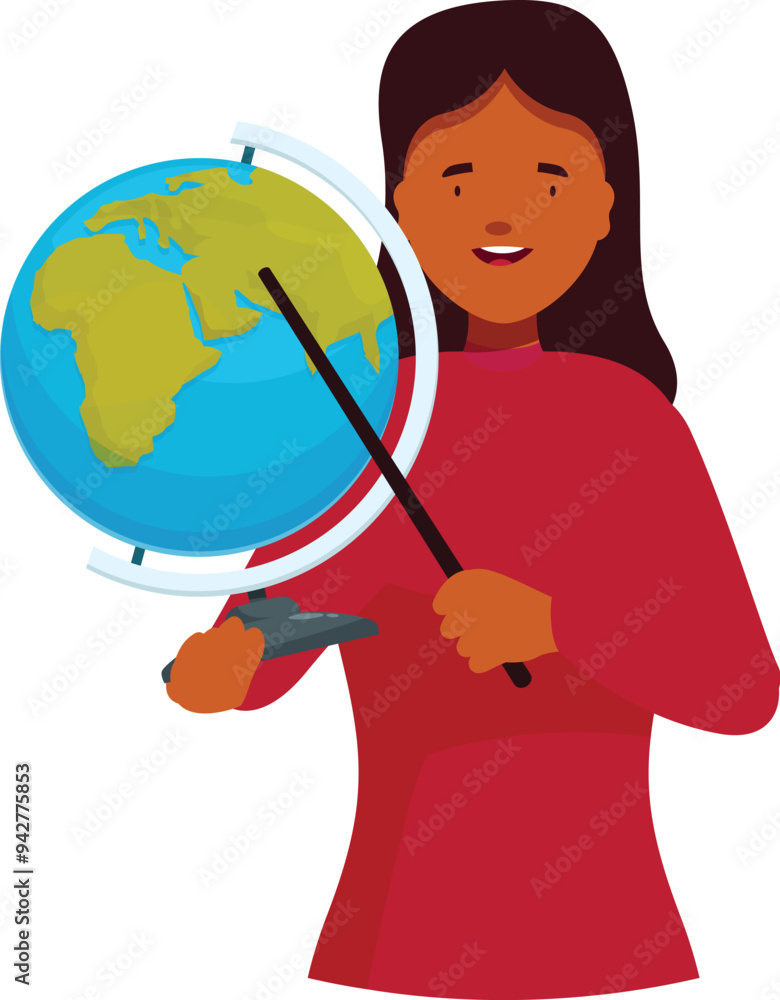 Fototapeta premium Geography teacher is holding a pointer and showing continents on the globe for students