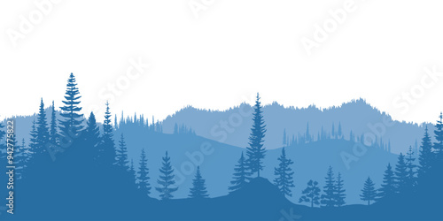 Mountain landscape with forest, morning haze, vector illustration