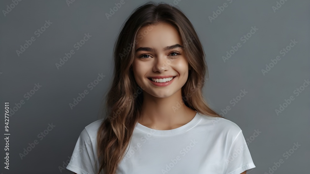 Portrait of young smiling charming cute girl woman female look in camera wear white t-shirt isolated on grey color background Portrait of young smiling charming cute girl woman female look in camera wear white t-shirt isolated on grey color background