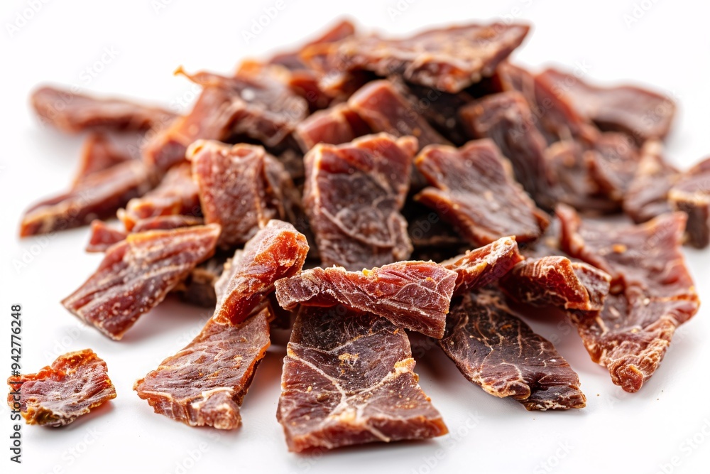Dehydrated chicken, beef, and pork slices served as beer snacks on a white background. Dehydrated chicken, beef, and pork slices served as beer snacks on a white background.