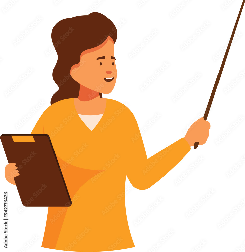 Smiling young woman teacher holding clipboard and pointing with stick while explaining something Smiling young woman teacher holding clipboard and pointing with stick while explaining something