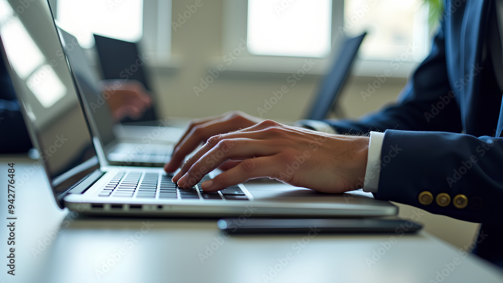 Close-up of hands typing on a laptop keyboard in a modern office setting with another laptop in the background Close-up of hands typing on a laptop keyboard in a modern office setting with another laptop in the background