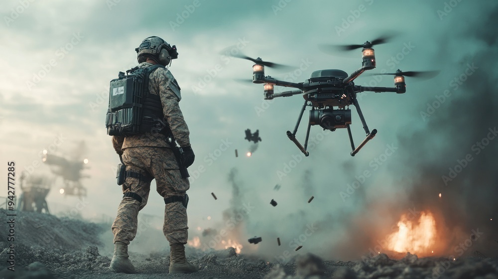 Soldier with Drone in Battlefield Soldier with Drone in Battlefield