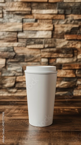 White Coffee Mug on Wooden Table with Stone Wall Background