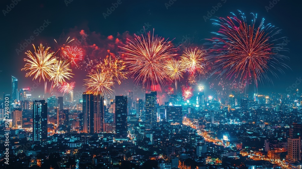 Dazzling Fireworks over the Glittering Cityscape at Night Dazzling Fireworks over the Glittering Cityscape at Night