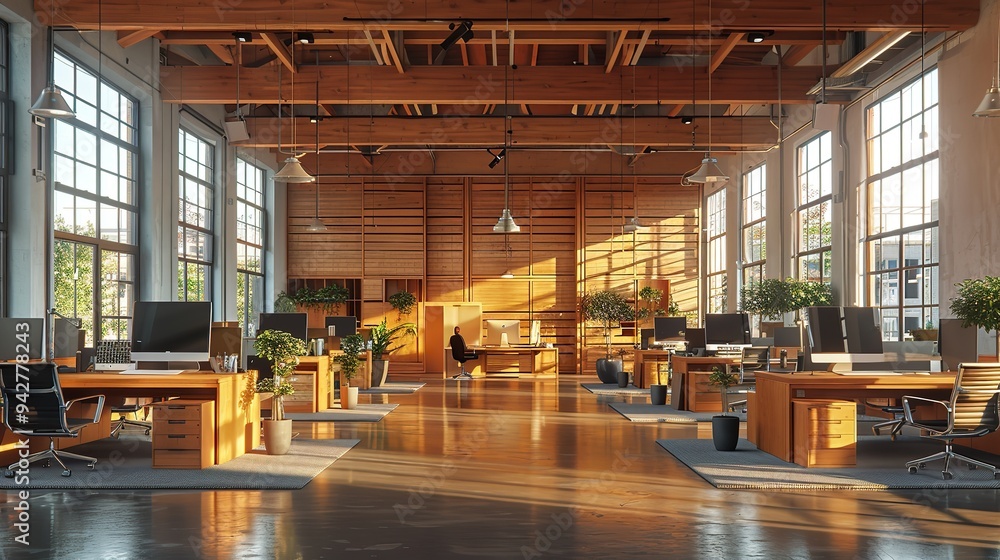 Modern Open Office Space with Workstations and Wood Paneling Modern Open Office Space with Workstations and Wood Paneling
