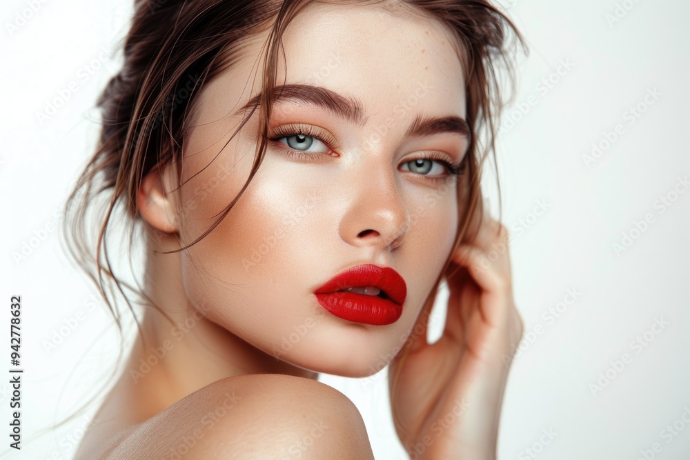 A woman with bold red lip color and matching lipstick A woman with bold red lip color and matching lipstick