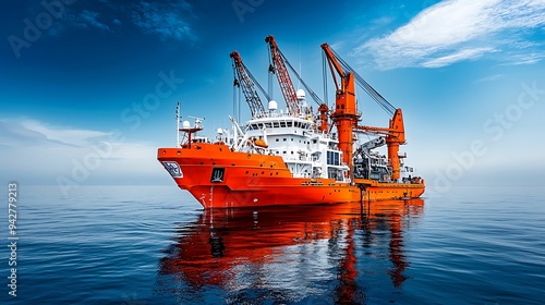 Offshore Construction Vessel with Cranes: Maritime Industry Operations at Sea | Medium Shot with