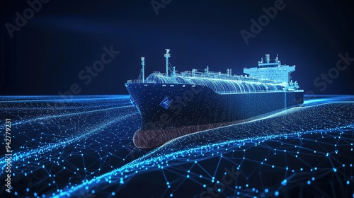 LNG gas carrier. Particles and blue lines form a 3d model of a gas tanker. in 3d virtual space.