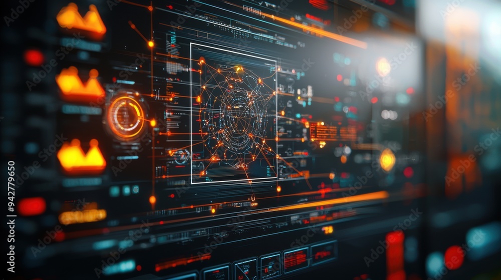 A detailed and realistic representation of a blockchain system is interface with numerous layers of data visualization. The scene includes a futuristic control panel with holographic displays, A detailed and realistic representation of a blockchain system is interface with numerous layers of data visualization. The scene includes a futuristic control panel with holographic displays,