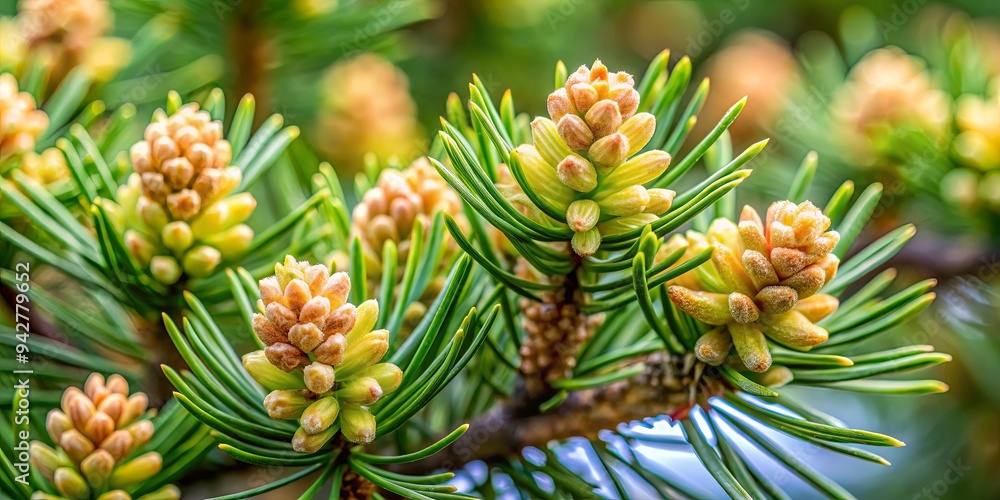 Close up of delicate pine tree flowers in bloom, showcasing the green seeds of the conifer during spring Close up of delicate pine tree flowers in bloom, showcasing the green seeds of the conifer during spring