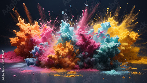 A vibrant explosion of colorful powder, orange, pink, teal, and yellow, on a dark surface.