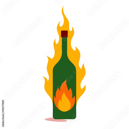 cartoon green wine bottle being consumed by fiery orange flames, transparent background