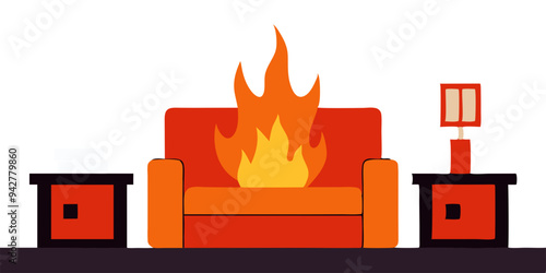 cartoon living room orange settee, sofa, couch on fire, in flames, burning