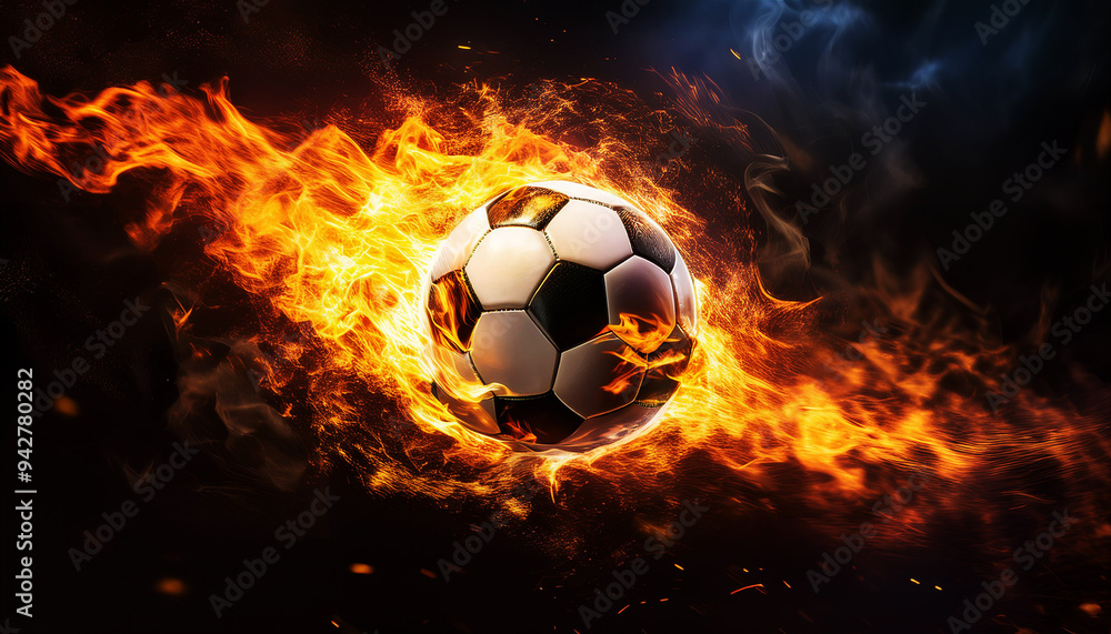 Naklejka premium illustration of a white soccer ball engulfed in flames, a symbol of speed, enthusiasm and struggle