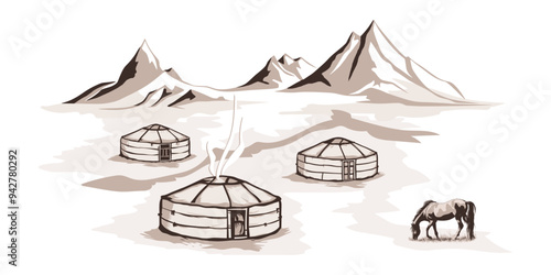 Yurt - nomad's dwelling, horse grazing, life in Central Asia, sketch on a white background, vector illustration	