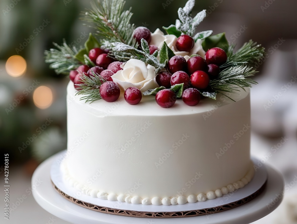 Beautiful holiday cake adorned with fresh berries, flowers, and greenery, perfect for celebrations and festive gatherings. Beautiful holiday cake adorned with fresh berries, flowers, and greenery, perfect for celebrations and festive gatherings.