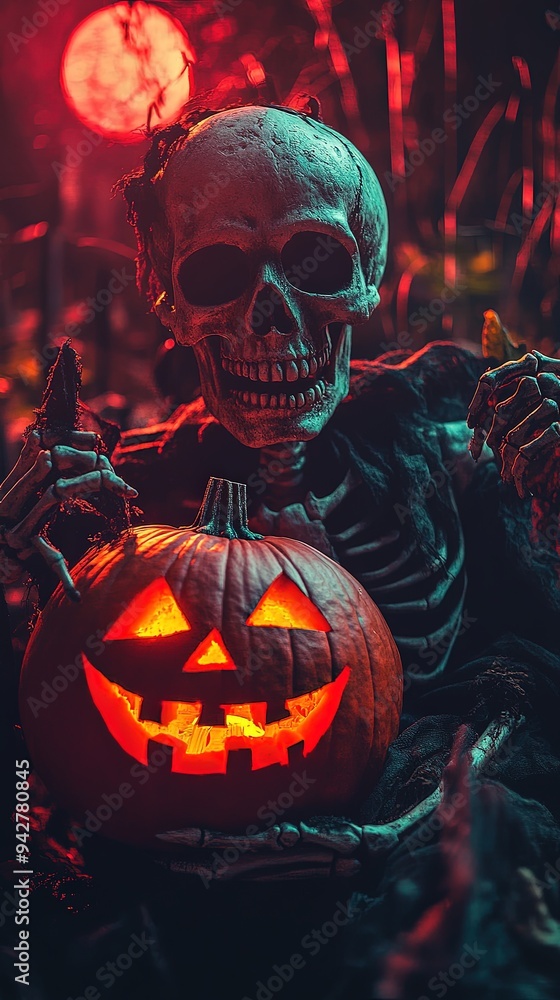 Spooky Scary Skeleton in the Cemetery at Blood Moon Spooky Scary Skeleton in the Cemetery at Blood Moon