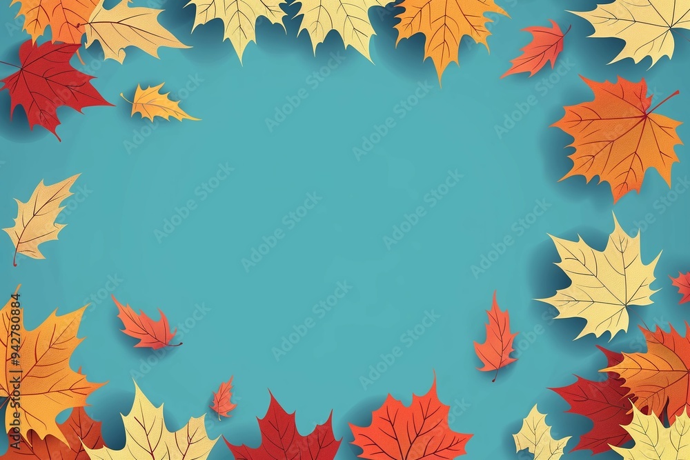 A frame of multicolored maple leaves on a blue background, free space A frame of multicolored maple leaves on a blue background, free space