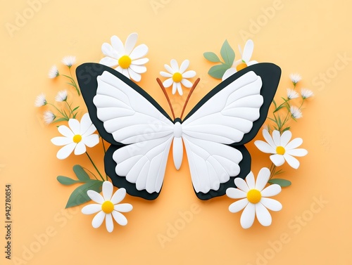 Paper art of a white butterfly surrounded by white daisies on a pastel orange background. Perfect for spring or nature-themed designs. photo