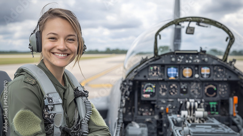 Confident Female Pilot Ready for Takeoff in Jet Fighter photo