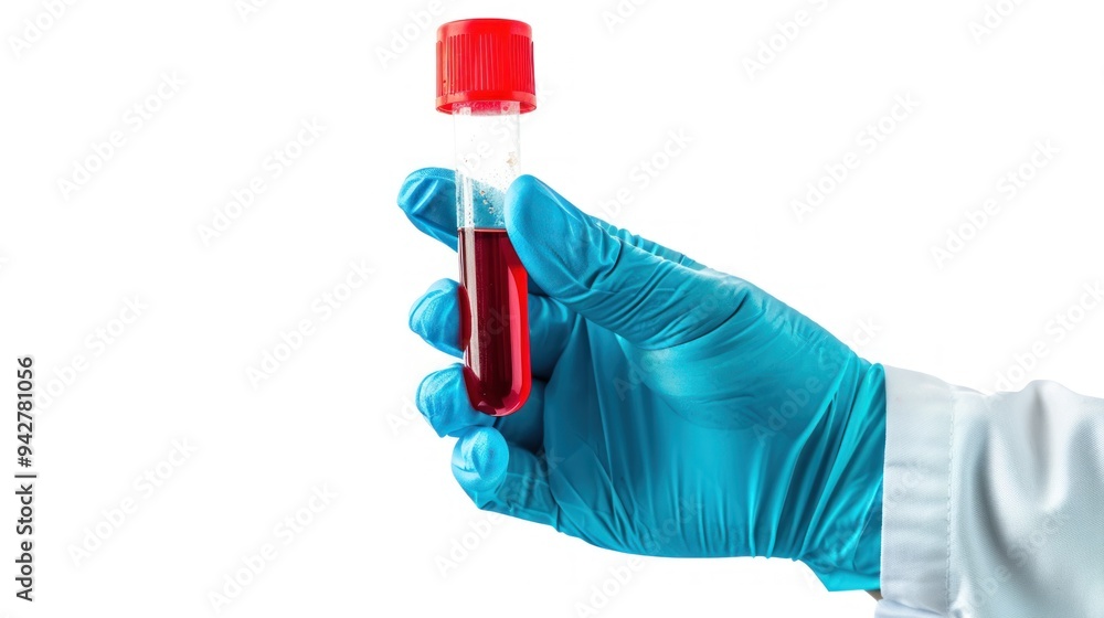 A blood test sample tube with a red cap is in the hand of a blue gloved doctor, object isolated on white background and copy space, hematology healthcare laboratory concept A blood test sample tube with a red cap is in the hand of a blue gloved doctor, object isolated on white background and copy space, hematology healthcare laboratory concept