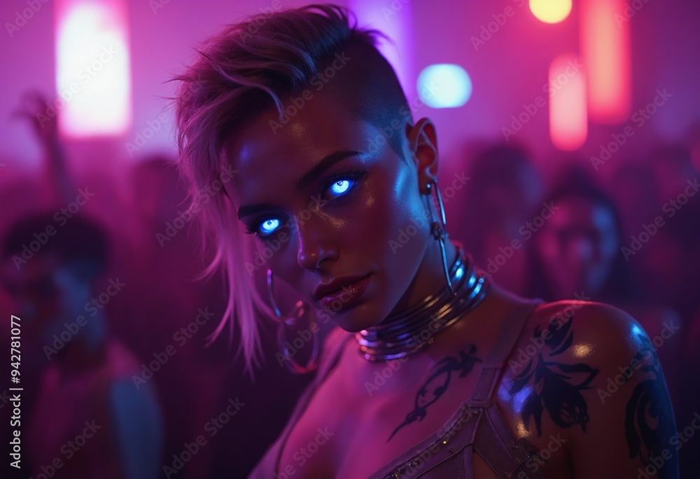 A medium close-up of a charismatic nightclub singer with cybernetic enhancements, on stage A medium close-up of a charismatic nightclub singer with cybernetic enhancements, on stage