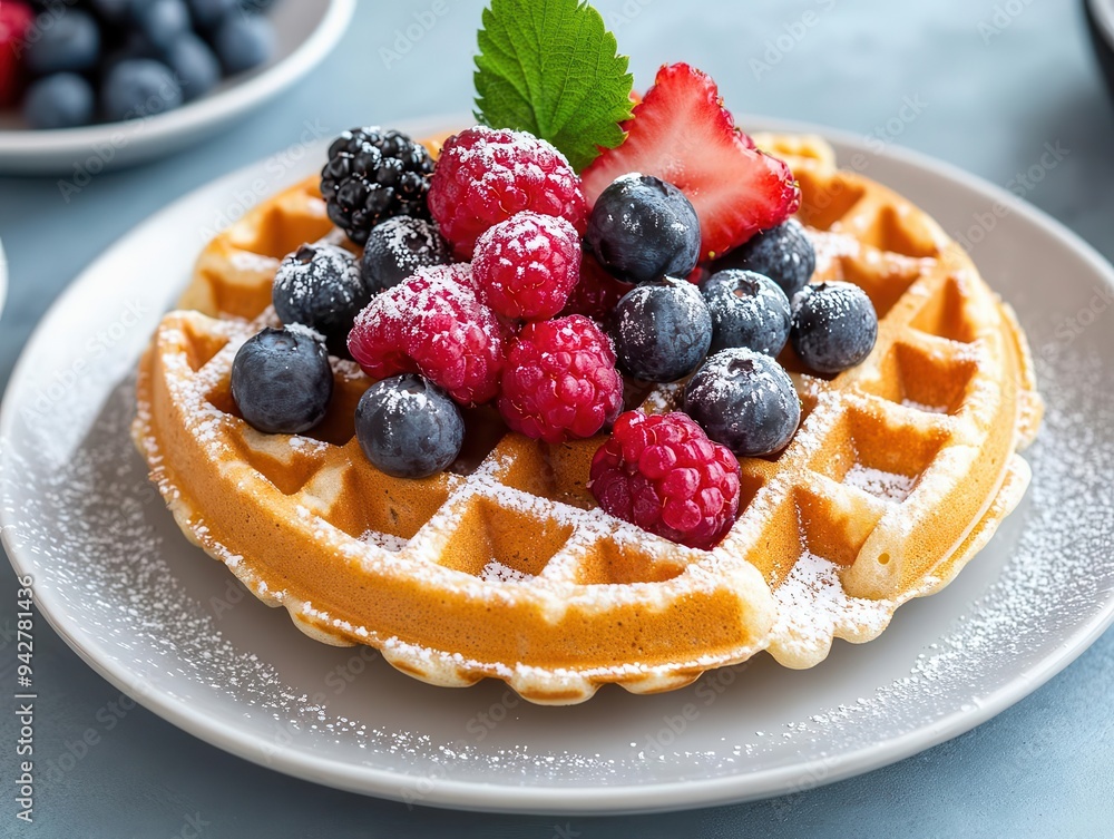 Delicious waffle topped with fresh berries and dusted with powdered sugar, perfect for breakfast or dessert. Delicious waffle topped with fresh berries and dusted with powdered sugar, perfect for breakfast or dessert.