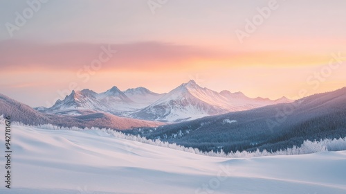 Majestic mountains blanket their peaks in snow, while the sky glows in soft hues of pink and orange during sunset, creating a serene atmosphere in winter