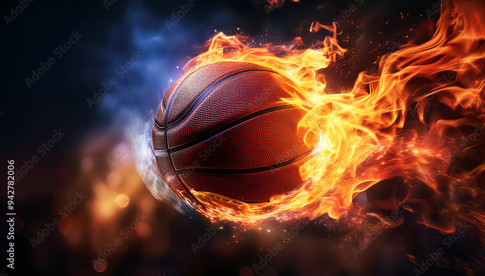 the image of a basketball engulfed in flames, streaking against a dark background, symbolizes power, speed and passion in the sport, making it visually striking for a variety of uses the image of a basketball engulfed in flames, streaking against a dark background, symbolizes power, speed and passion in the sport, making it visually striking for a variety of uses