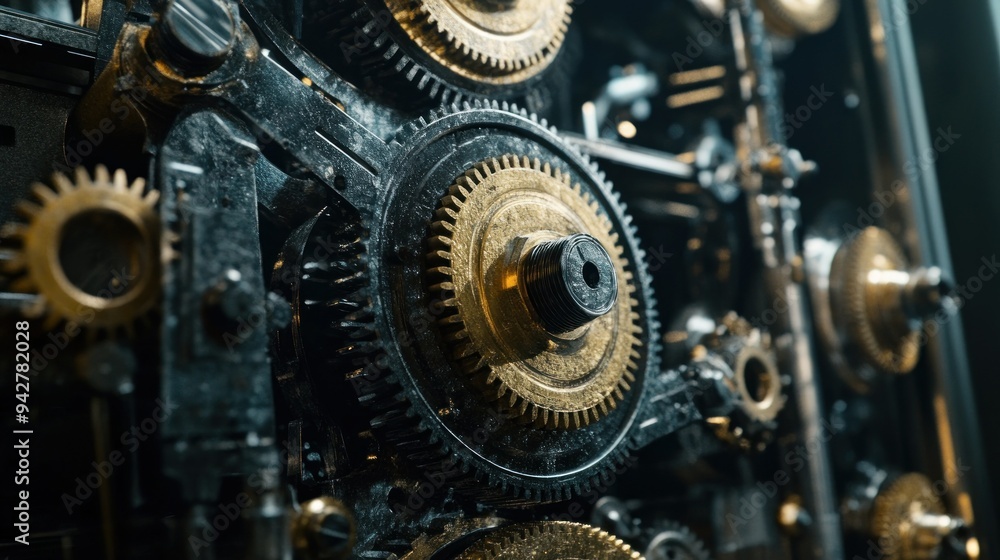 Fototapeta premium Close-up of a Complex Gear System with Gold Accents
