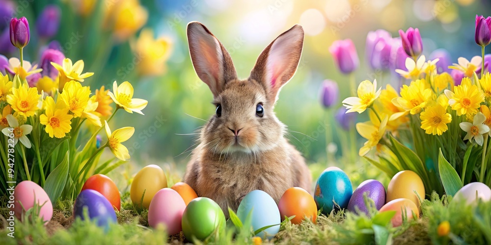 Colorful Easter bunny surrounded by vibrant eggs and blooming spring flowers Colorful Easter bunny surrounded by vibrant eggs and blooming spring flowers