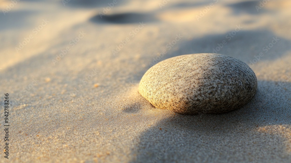 A Single Smooth Stone Resting on a Sandy Beach A Single Smooth Stone Resting on a Sandy Beach