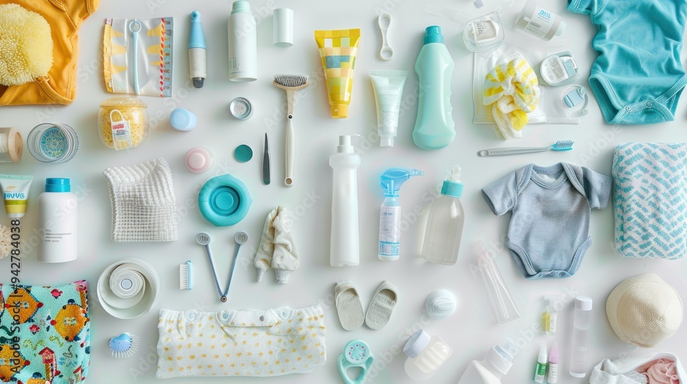 Naklejka premium A newborn baby lies surrounded by toiletries, toys and health care equipment. Protection and care on white background Includes pregnancy and baby shower shopping. view from above