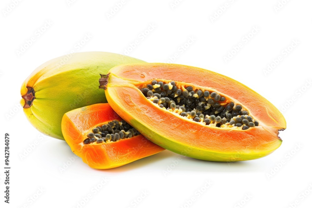 Fresh papaya cut into two halves, placed on a white surface for display Fresh papaya cut into two halves, placed on a white surface for display