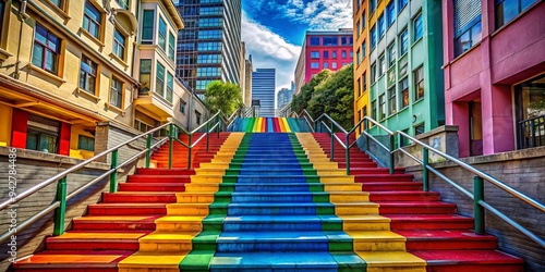 Vibrant staircase leading to a colorful building in a vibrant cityscape photo