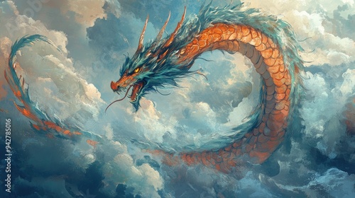 Blue and Orange Dragon Soaring Through Clouds