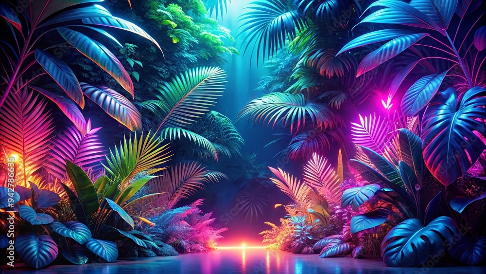 Vibrant ar neon jungle background with glowing flora and plants, perfect for a vibrant and futuristic setting Vibrant ar neon jungle background with glowing flora and plants, perfect for a vibrant and futuristic setting