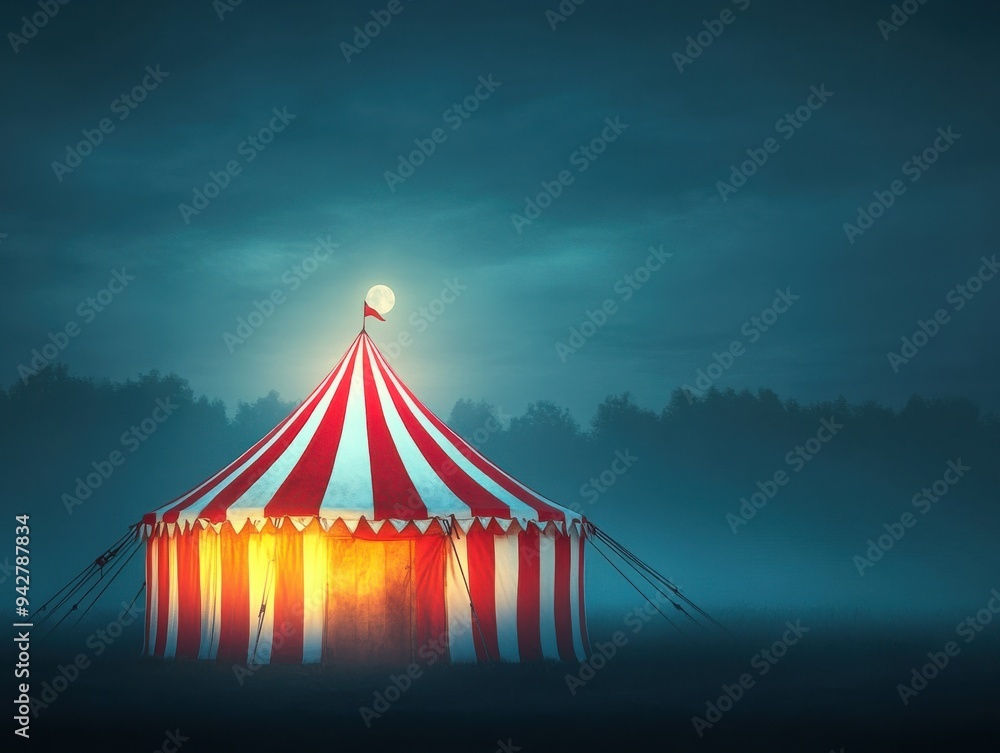 A vibrant red and white circus tent illuminated in the night, surrounded by a mysterious fog and forest backdrop. A vibrant red and white circus tent illuminated in the night, surrounded by a mysterious fog and forest backdrop.