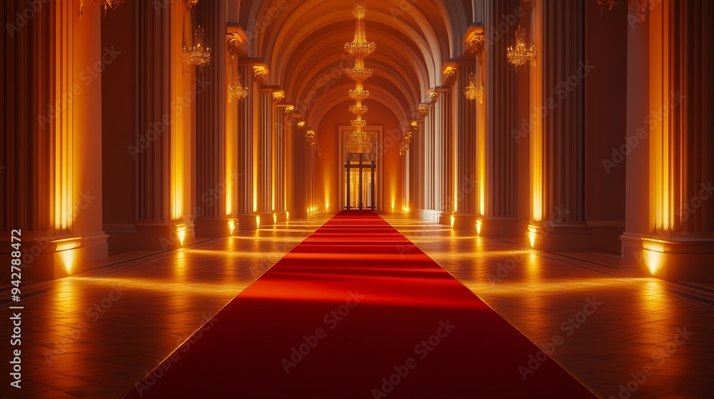 Elegant Red Carpet Pathway in a Grand Hallway with Warm Golden Lighting for a Luxurious Evening Ceremony