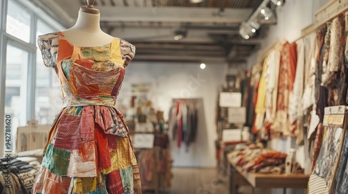 A unique upcycled dress stands elegantly on a mannequin in a modern boutique, surrounded by an array of colorful fabrics and creative clothing designs