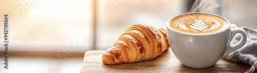 A warm croissant and a cup of latte art, perfect for a cozy morning break or a cafe atmosphere.