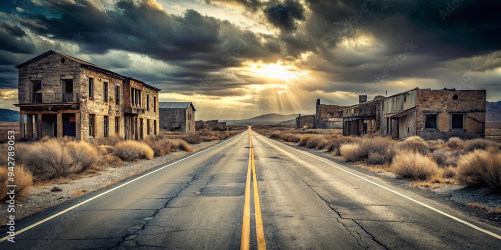 Obraz premium An eerie empty road in a ghost town, symbolizing abandonment and desolation