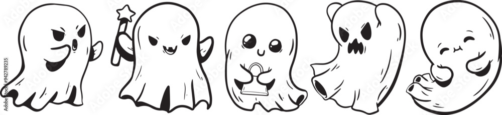 Halloween ghost set vector illustration. Cute funny happy spirits with different emotions, face expressions. Happy halloween phantom design isolated on white background in simple modern flat cartoon Halloween ghost set vector illustration. Cute funny happy spirits with different emotions, face expressions. Happy halloween phantom design isolated on white background in simple modern flat cartoon