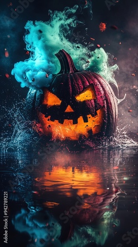 Mysterious Jack-o'-Lantern, Amidst Splashing Water, Veiled in Blue and Green Smoke