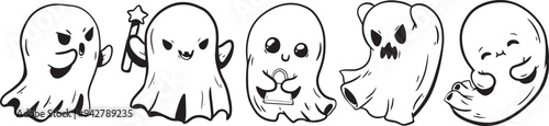Halloween ghost set vector illustration. Cute funny happy spirits with different emotions, face expressions. Happy halloween phantom design isolated on white background in simple modern flat cartoon