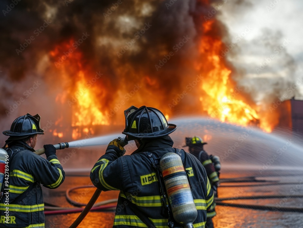 Brave firefighters battle a raging inferno, demonstrating courage and teamwork in the face of danger. Brave firefighters battle a raging inferno, demonstrating courage and teamwork in the face of danger.