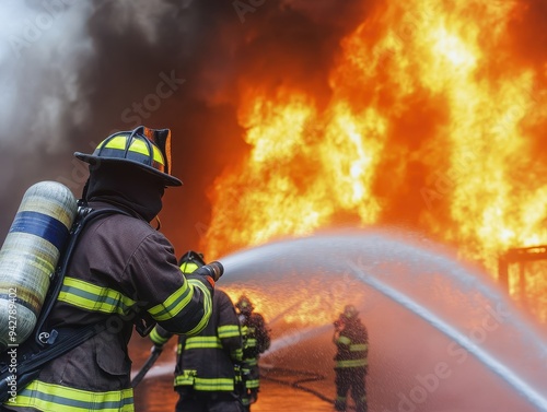 Brave firefighter battling a fierce blaze with water spray, showcasing courage and teamwork in emergency response.